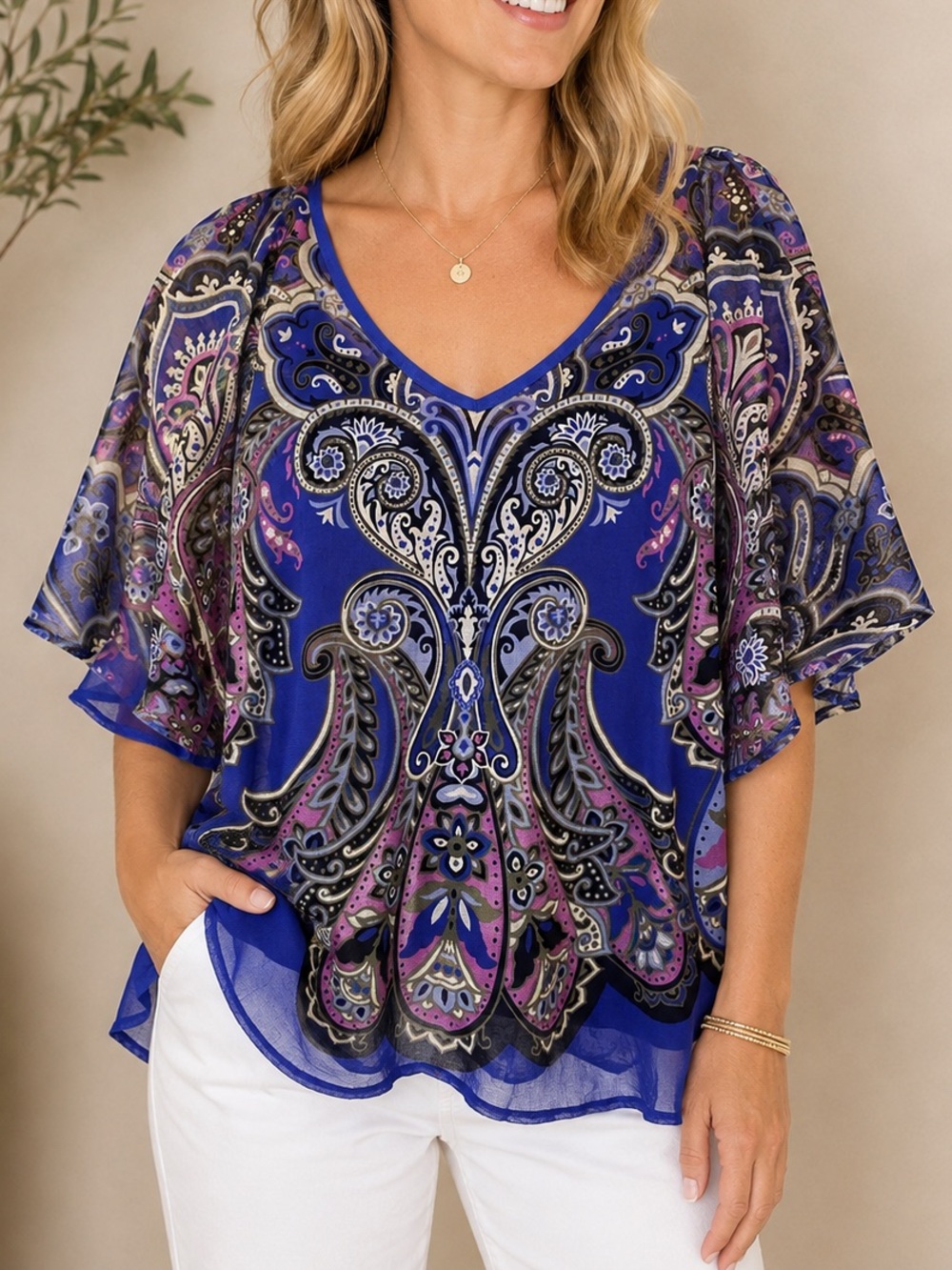 INC International Concepts Royal Blue Paisley V-Neck Flutter Sleeve Blouse